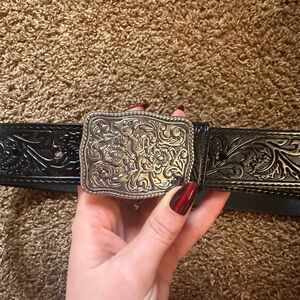 Black Leather Belt with Ornate Silver Buckle